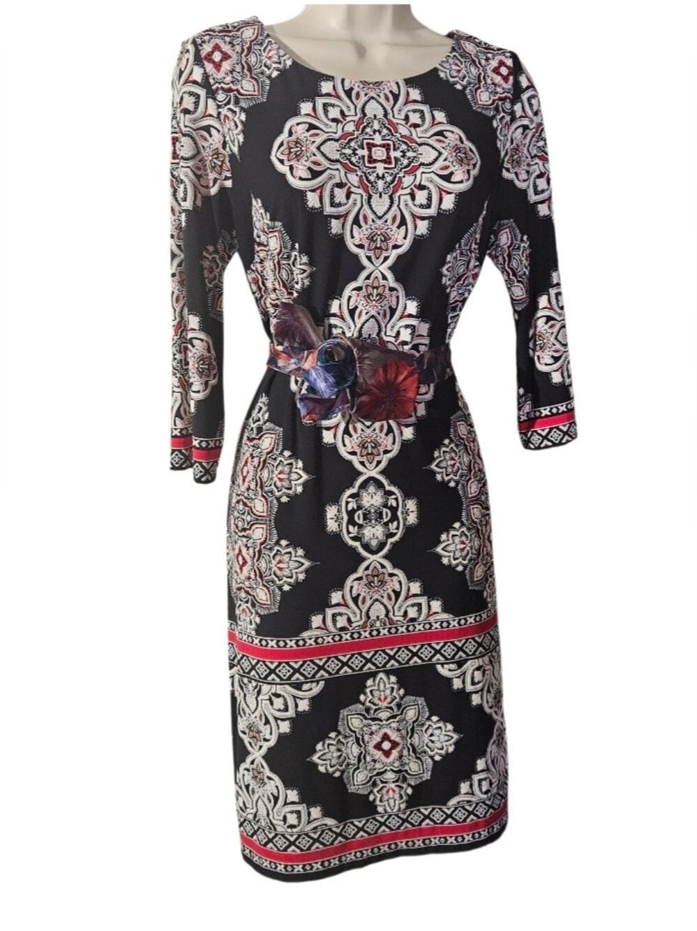 Studio One New York Black Red Cream 3/4 Sleeve Medallion Patterned Midi Dress - Picture 7 of 17